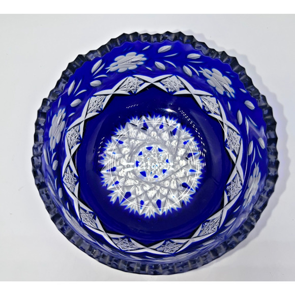 Vintage Czech Bohemian Blue Cobalt Cut to Clear Oval Sawtooth Crystal Bowl - Picture 10 of 16